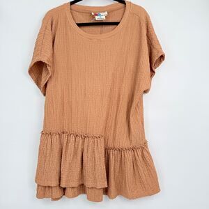 Free People FP Beach Marni Tunic Dress S Tan Crepe Crinkle Ruffle Boho Indie